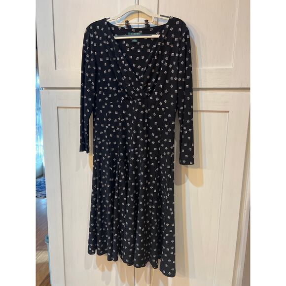 Ralph Lauren Black White Geometric Wrap Bodice Fit & Flare Dress Size 12 Career - Picture 2 of 11